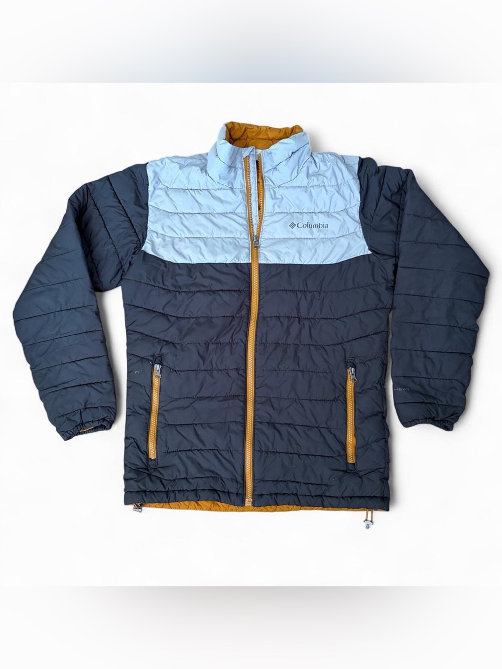 Columbia men’s Puffer grey jacket w mustard yellow sections Sz S